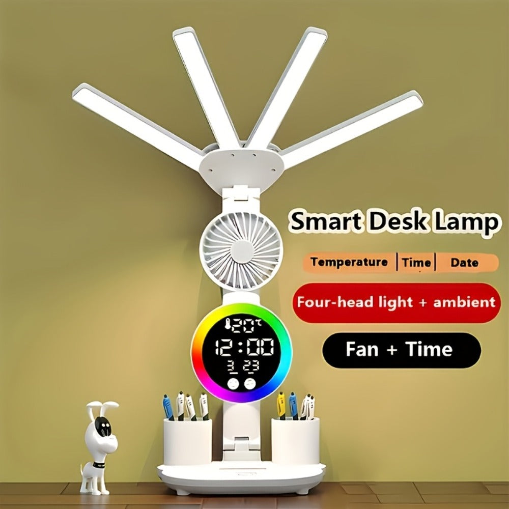 LED Desk Lamp with Built-in Fan & Touch Control, Dual Head Adjustable, USB Charging, 3 Color Modes Dimmable