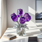 Glass Rose Sculpture Floral Home Decor – Sparkling Leaves Art Figurine for Bedroom, Living Room, Valentine's Day Gift