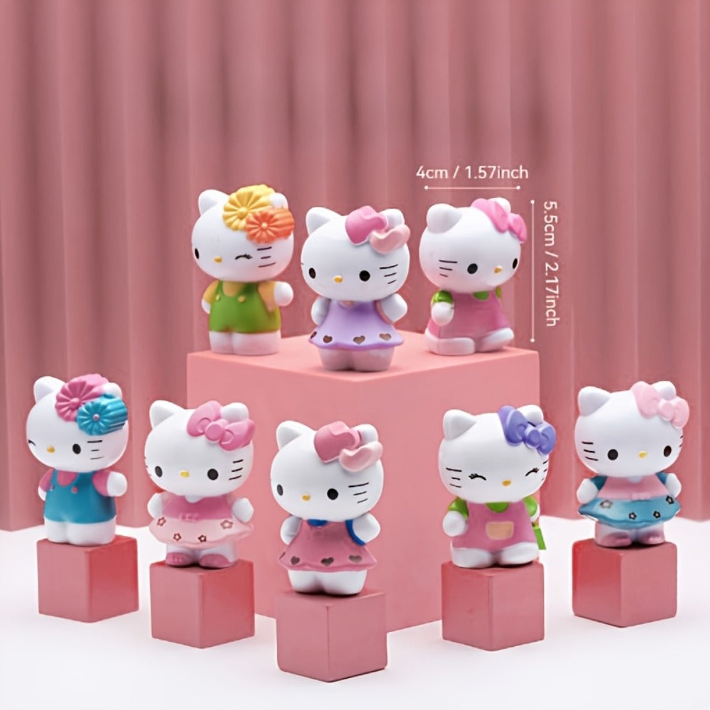 KT Cat Mini Figurine Set 8pcs, Cute Anime Desktop Ornaments Collectible Dolls for Entryways, Bedrooms and Living Spaces