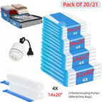 Vacuum Storage Bags with Air Pump, 20-21 Pack Reusable Compression Bags for Clothes, Quilts & Blankets