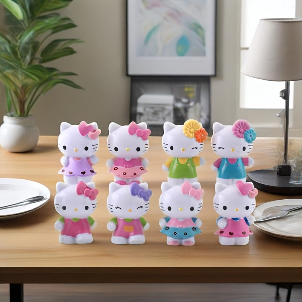 KT Cat Mini Figurine Set 8pcs, Cute Anime Desktop Ornaments Collectible Dolls for Entryways, Bedrooms and Living Spaces