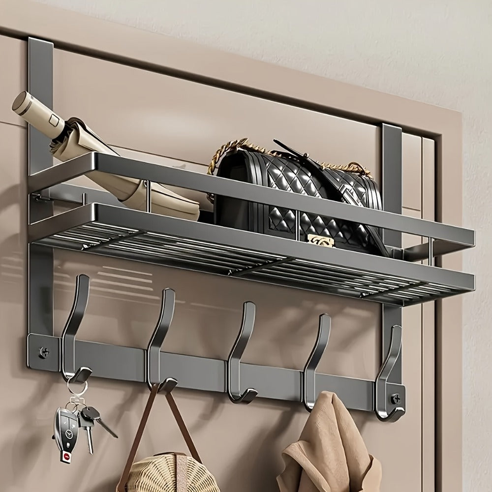 Over-Door Hook Rack with No-Drill Metal Design, Four to Six Hooks and Grey or Black Options for Home Organization