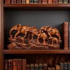 Elephant Family Figurine with Resin Herd Sculpture on Textured Base, 36 x 16 x 10cm Horizontal Shelf Format