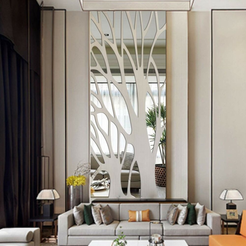 Silver Acrylic Mirror Tree Wall Decal with Branch and Leaf Pieces for a 39.4 x 11.02 in Layout