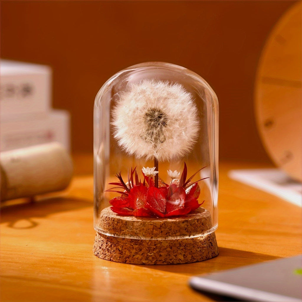 Dandelion Glass Dome Tabletop Decor with White Seed Head, Cork-Look Base, 3.2 x 2.4-Inch Size and Red or Pink Flowers