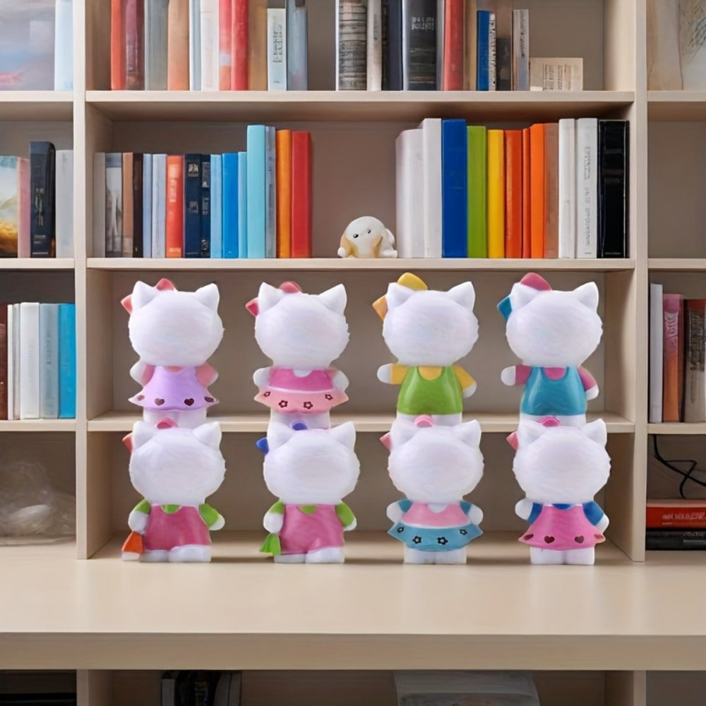 KT Cat Mini Figurine Set 8pcs, Cute Anime Desktop Ornaments Collectible Dolls for Entryways, Bedrooms and Living Spaces