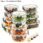 Food Storage Containers 24-Piece Gray Glass Set with 12 Boxes, 12 Matching Lids and Flip-Top Seals