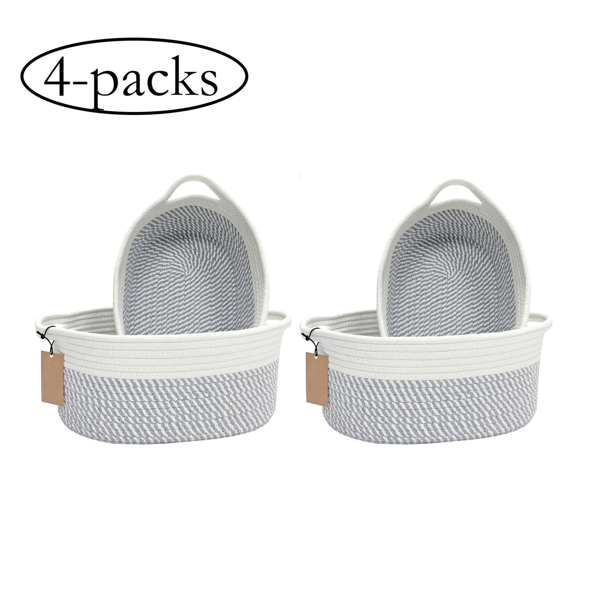 Cotton Rope Storage Baskets with Handles in 2- or 4-Pack Oval Color Options for Shelves and Rooms