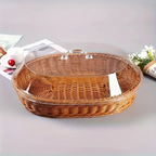 Wicker Bread Basket with Clear Acrylic Lid Rattan Storage Basket Washable Food Tray for Bread Fruit Desserts Kitchen Picnic Home Display Square Round