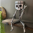 Steampunk Skull Sculpture with Wrench - Hand-Painted Mechanical Piston Gothic Decor, Resin Desk Decoration for Man Cave, Garage, Office, Engineer Gift, Car Lover Gift, Halloween Decor