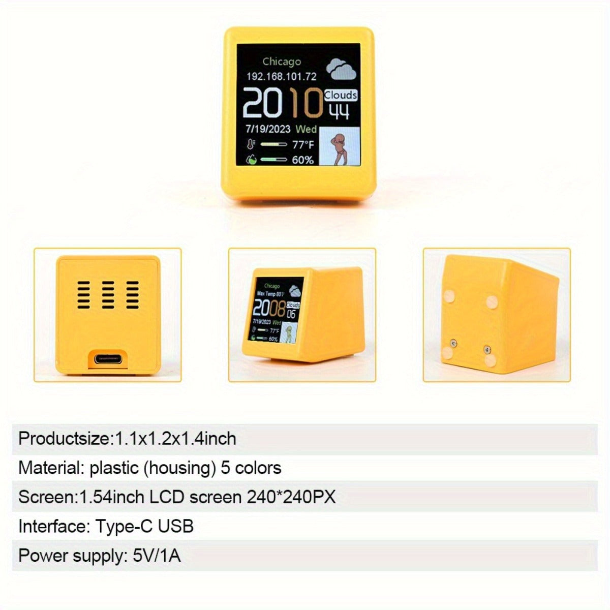 WiFi Weather Station Desktop Clock - Mini Smart Display Temperature Humidity Atmospheric Pressure Wind Speed GIF Animation