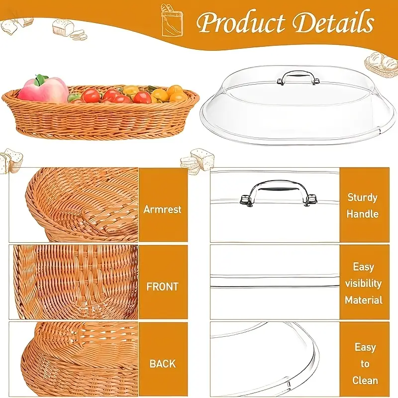 Wicker Bread Basket with Clear Acrylic Lid Rattan Storage Basket Washable Food Tray for Bread Fruit Desserts Kitchen Picnic Home Display Square Round