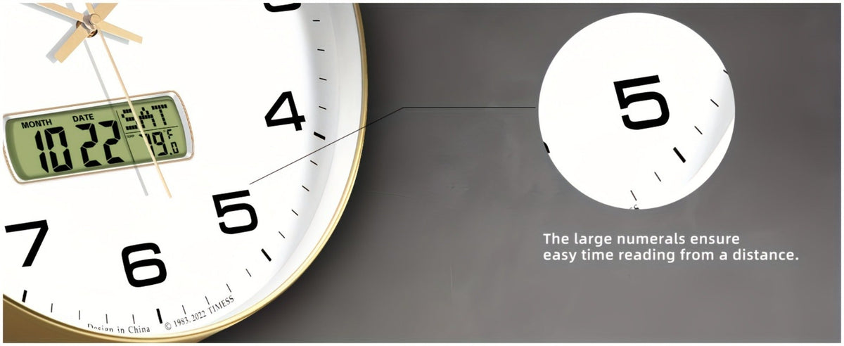 Round Analog Wall Clock with LCD Calendar and Temperature Window, Four Colors and 10- or 12-Inch Sizes