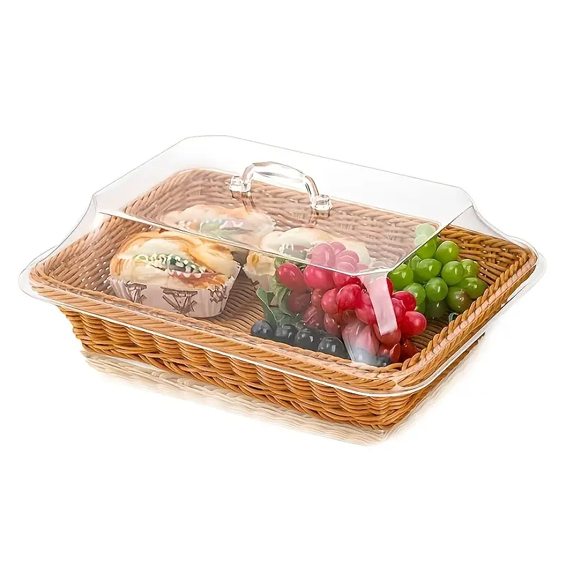 Wicker Bread Basket with Clear Acrylic Lid Rattan Storage Basket Washable Food Tray for Bread Fruit Desserts Kitchen Picnic Home Display Square Round