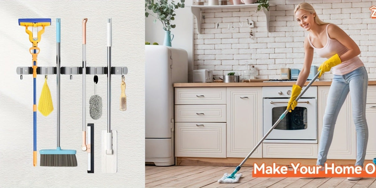 Wall Mounted Broom & Mop Holder – 304 Stainless Steel Broom Organizer with 4 Racks & 5 Hooks – Rustproof Non-Slip Wall Broom Hanger for Kitchen, Garage, Bathroom, Laundry & Closet Storage – 2 Pack