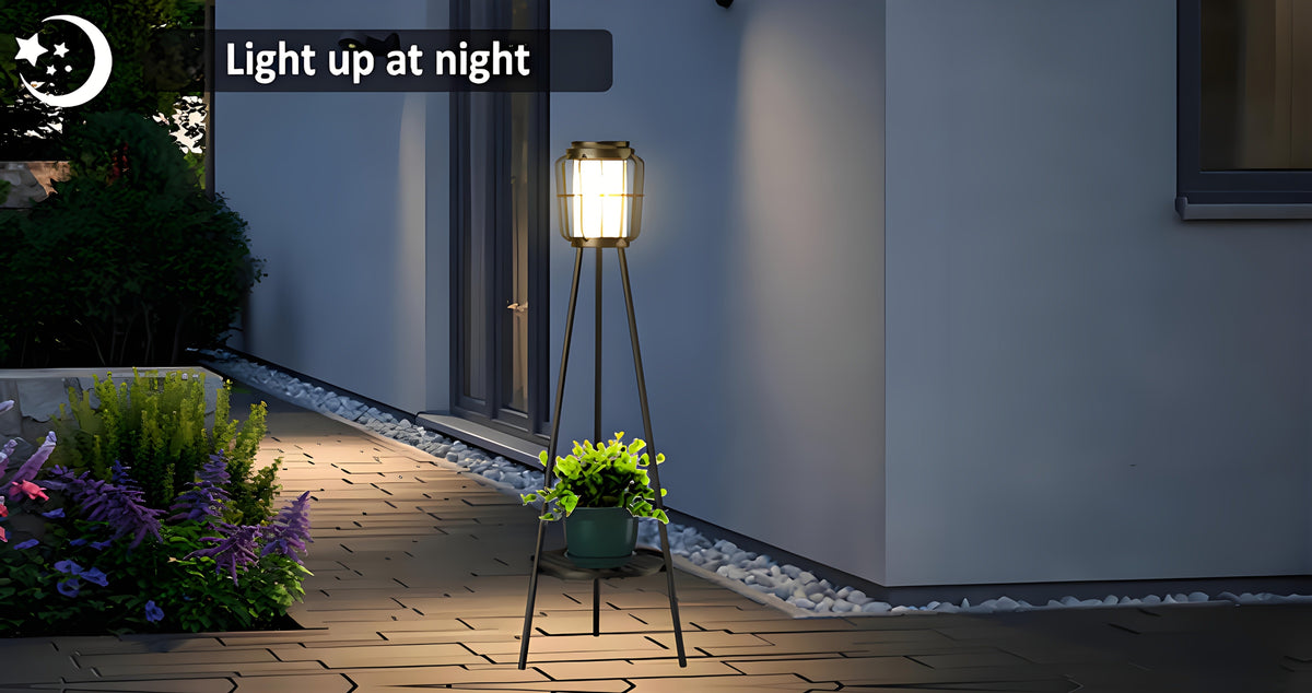 Solar Floor Lamp with Metal Plant Stand 36 Inch Outdoor Solar Light Flower Shelf for Patio Deck Yard Garden Outdoor Decor Gift Set of 2
