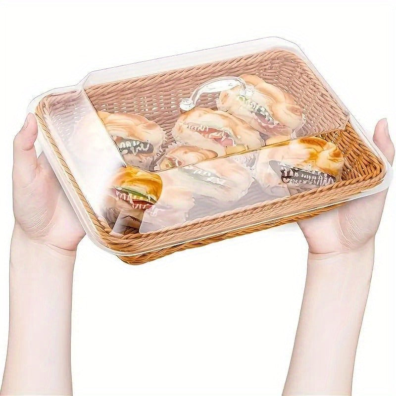 Wicker Bread Basket with Clear Acrylic Lid Rattan Storage Basket Washable Food Tray for Bread Fruit Desserts Kitchen Picnic Home Display Square Round