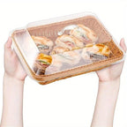 Wicker Bread Basket with Clear Acrylic Lid Rattan Storage Basket Washable Food Tray for Bread Fruit Desserts Kitchen Picnic Home Display Square Round