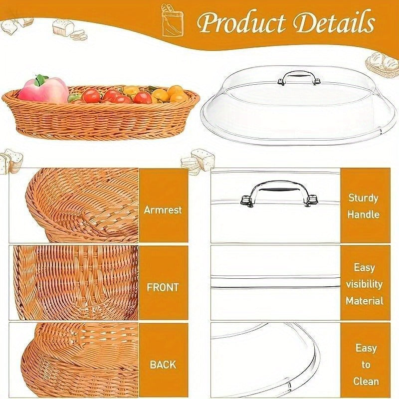 Wicker Bread Basket with Clear Acrylic Lid Rattan Storage Basket Washable Food Tray for Bread Fruit Desserts Kitchen Picnic Home Display Square Round