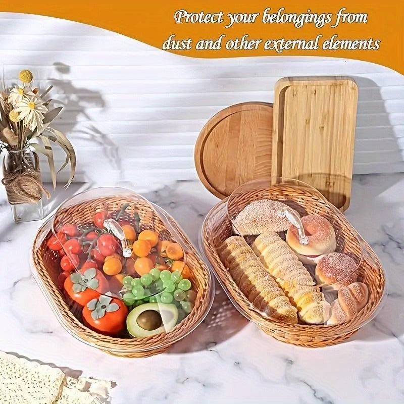 Wicker Bread Basket with Clear Acrylic Lid Rattan Storage Basket Washable Food Tray for Bread Fruit Desserts Kitchen Picnic Home Display Square Round
