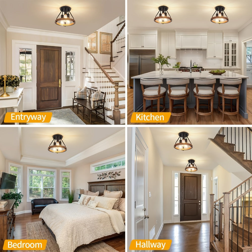 Farmhouse Semi Flush Ceiling Light 3-Bulb Wood & Metal - Rustic Industrial Ceiling Lamp for Home Cooking, Dining and Outdoor Meals