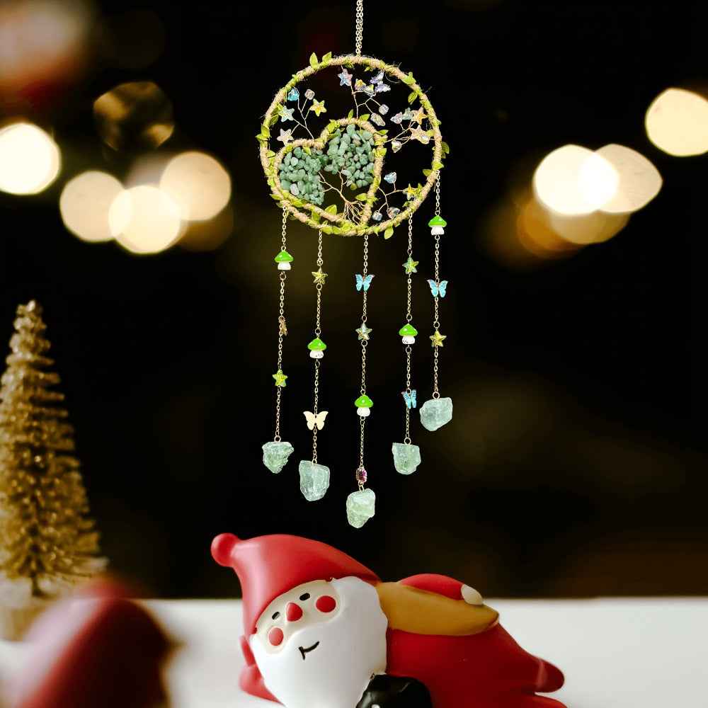 Boho Crystal Wall Hanging Decor – Handmade Stone Bead Wind Chime with Colorful Gemstone Heart & Circular Crystal Pendant for Bedroom Living Room Christmas Mother's Day Thanksgiving Gift (Purple/Pink/Green)
