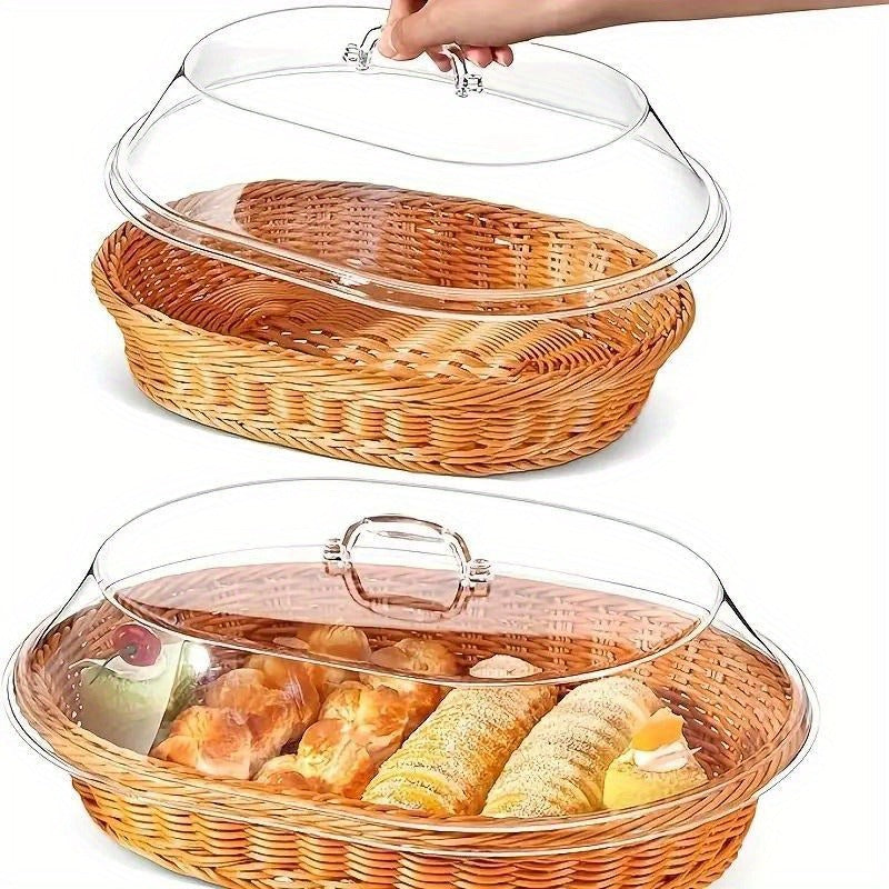 Wicker Bread Basket with Clear Acrylic Lid Rattan Storage Basket Washable Food Tray for Bread Fruit Desserts Kitchen Picnic Home Display Square Round