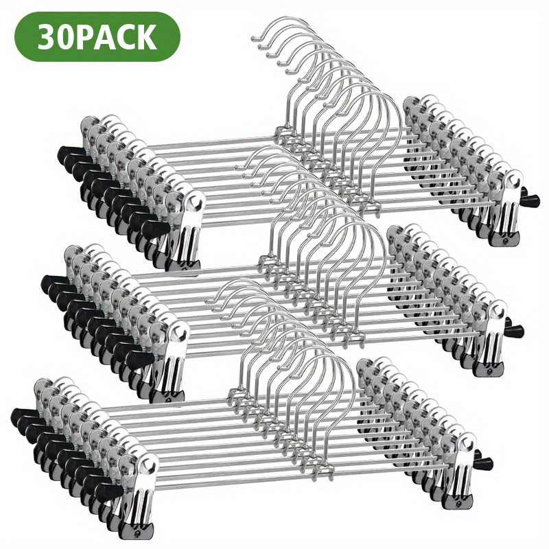 Pants Hangers with Clips 30-Pack – Adjustable Metal Skirt Hangers with 360° Rotatable Clips for Jeans, Trousers, Skirts, Dresses & Ties – Stainless Steel Closet Organizer Hangers