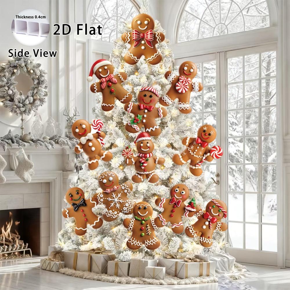 Christmas Tree Ornaments 12pcs Gingerbread Man Decorations 2D Flat Funny Xmas Tree Hanging Decor with Loops