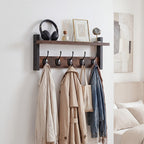 Vintage Wall-Mounted Shelf and Key Rack with Five Hooks, 17.1-Inch Width and Brown Board Finish