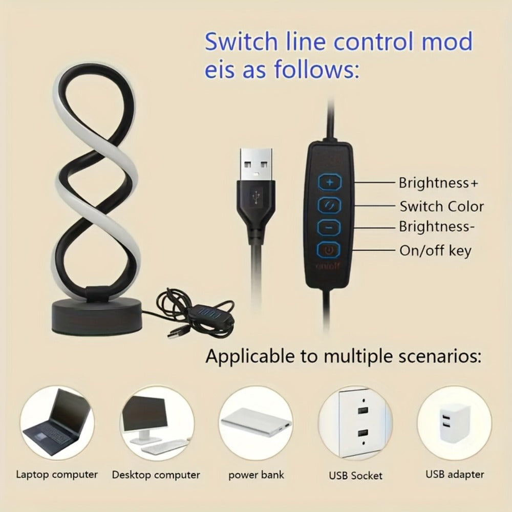 Spiral LED Table Lamp with Dimmable Push-Button Control, Modern Metal Base and Six Black or White Configuration Options