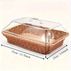 Wicker Bread Basket with Clear Acrylic Lid Rattan Storage Basket Washable Food Tray for Bread Fruit Desserts Kitchen Picnic Home Display Square Round