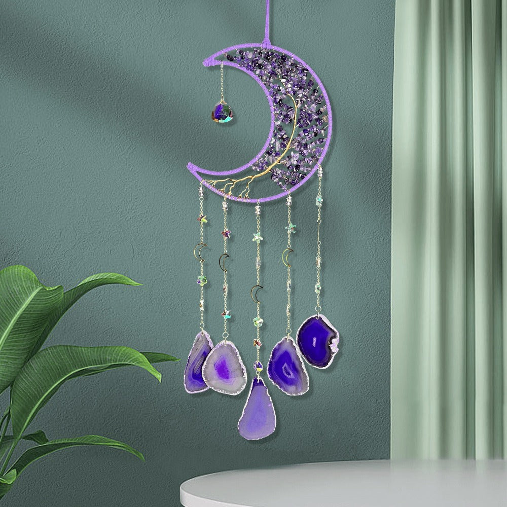 Moon Agate Tree Hanging Ornament Handmade Boho Suncatcher Wall Decor - Crystal Window Sun for Entryways, Bedrooms and Living Spaces