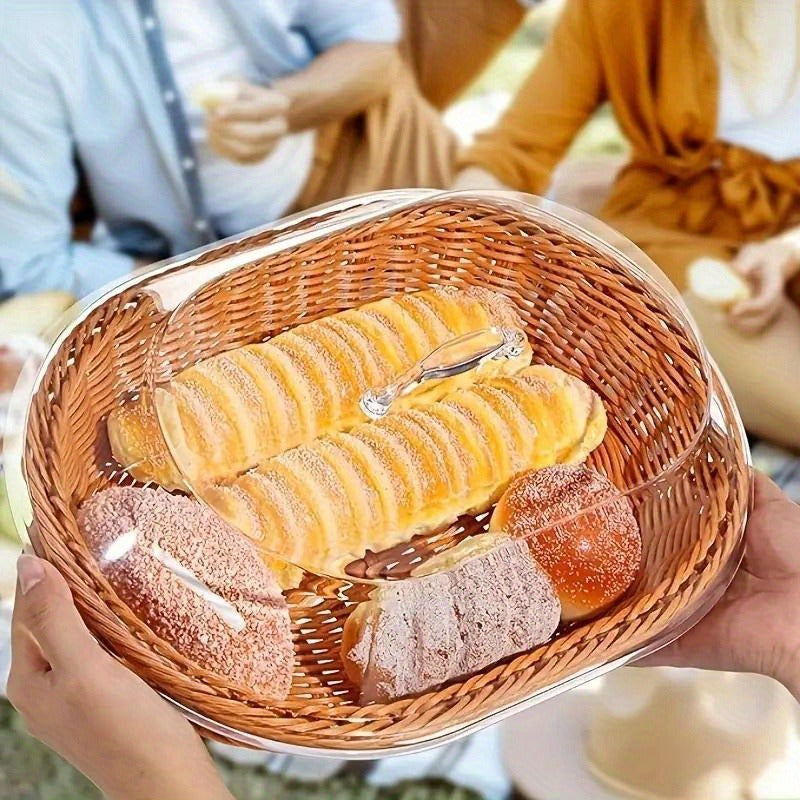 Wicker Bread Basket with Clear Acrylic Lid Rattan Storage Basket Washable Food Tray for Bread Fruit Desserts Kitchen Picnic Home Display Square Round
