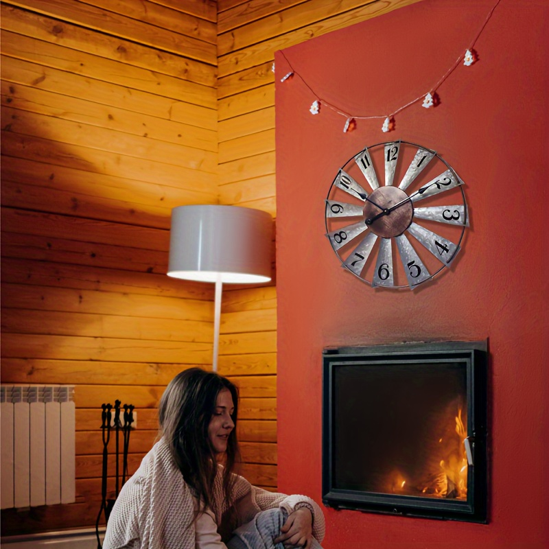 24-Inch Windmill-Style Metal Wall Clock with Galvanized-Look Silver Blades and Brown Analog Center