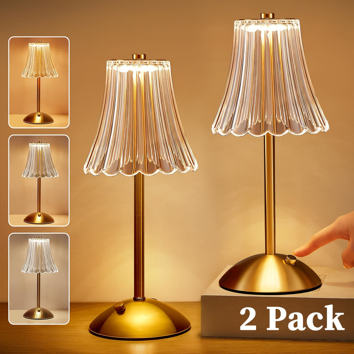 Table Lamp with Vintage Gold Pleated Acrylic Shade, USB Rechargeable Power, Three Colors and One or Two-Pack Options