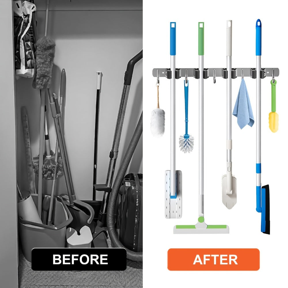 Wall Mounted Broom & Mop Holder – 304 Stainless Steel Broom Organizer with 4 Racks & 5 Hooks – Rustproof Non-Slip Wall Broom Hanger for Kitchen, Garage, Bathroom, Laundry & Closet Storage – 2 Pack