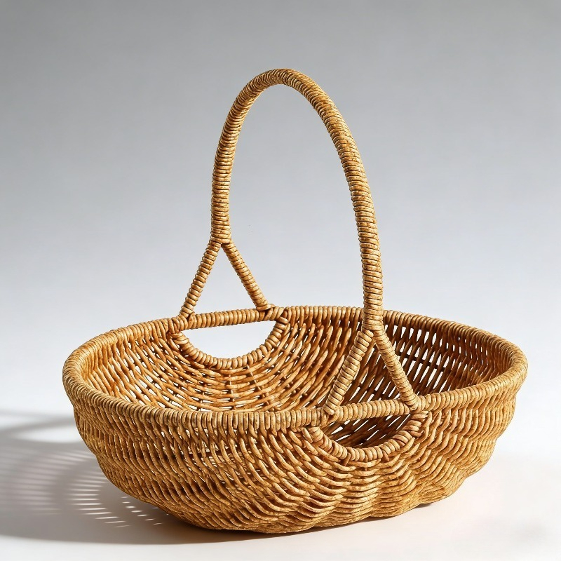 Handwoven Rattan Storage Basket with Carry Handle in Light Brown Medium Drain-Basket Format