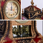 Ornate Brown-Red Tabletop Alarm Clock with Analog Dial, Decorative Pendulum Window and 14-Inch Height