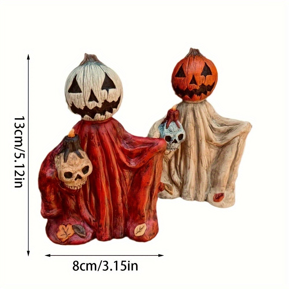 Halloween Pumpkin Wizard Resin Figurine 2-Pack, Spooky Desktop Ornament & Bookshelf Decor for Entryways, Bedrooms and Living Spaces