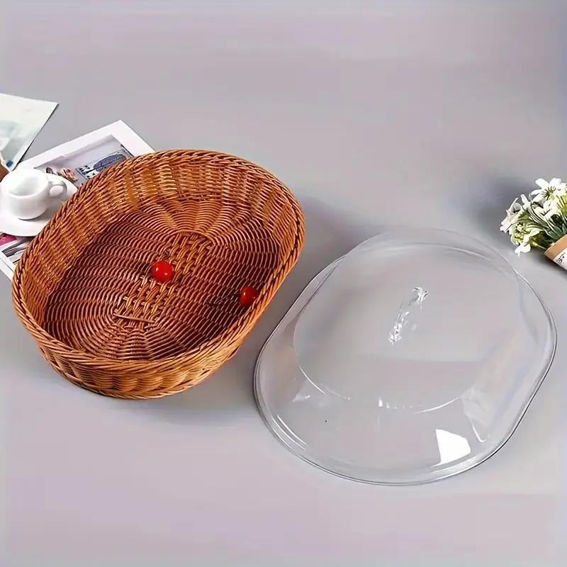 Wicker Bread Basket with Clear Acrylic Lid Rattan Storage Basket Washable Food Tray for Bread Fruit Desserts Kitchen Picnic Home Display Square Round