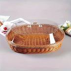 Wicker Bread Basket with Clear Acrylic Lid Rattan Storage Basket Washable Food Tray for Bread Fruit Desserts Kitchen Picnic Home Display Square Round