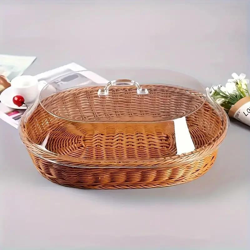Wicker Bread Basket with Clear Acrylic Lid Rattan Storage Basket Washable Food Tray for Bread Fruit Desserts Kitchen Picnic Home Display Square Round