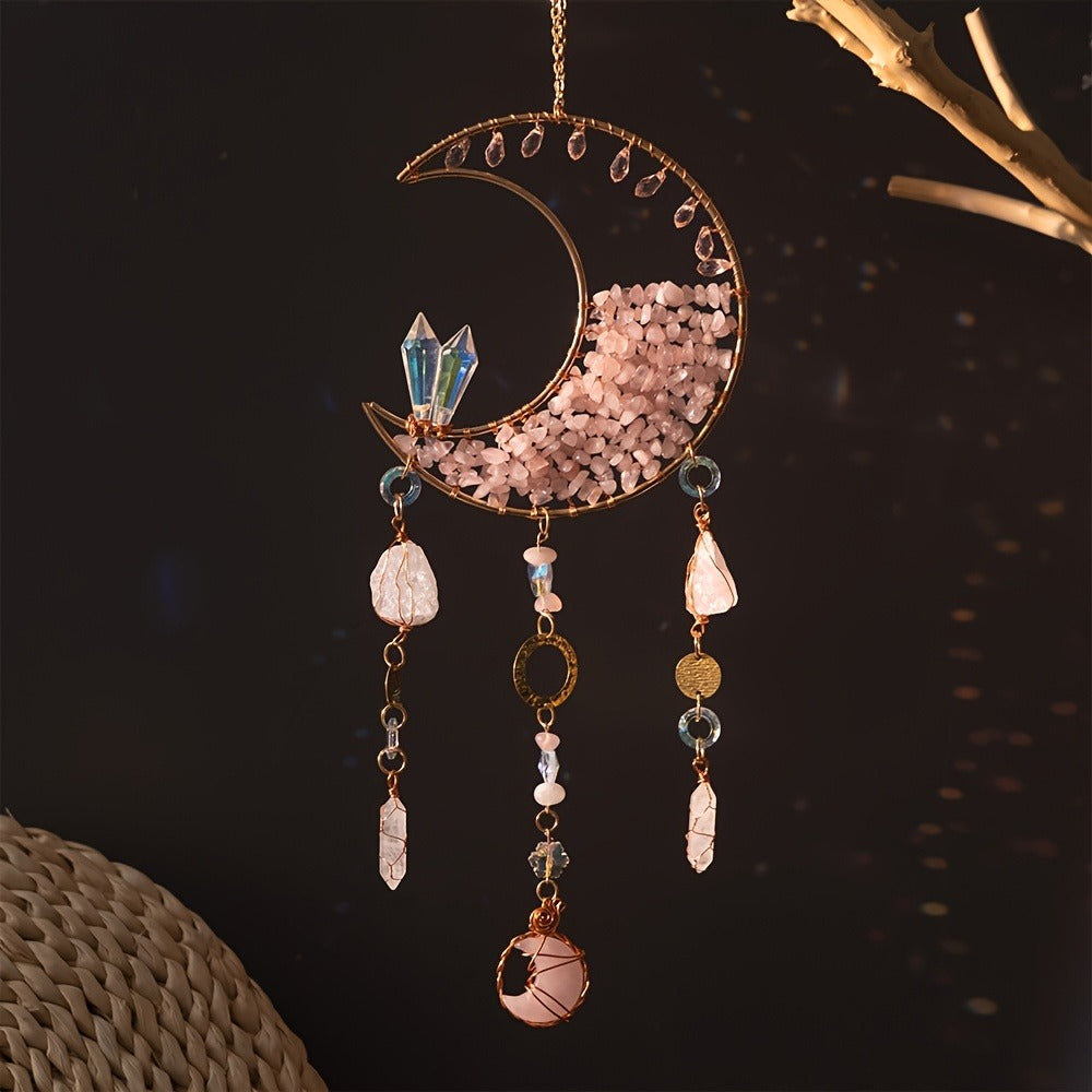 Dreamcatcher Moon Suncatcher Wall Hanging, Handmade Boho Wind Chime Pendant for Indoor Outdoor Garden