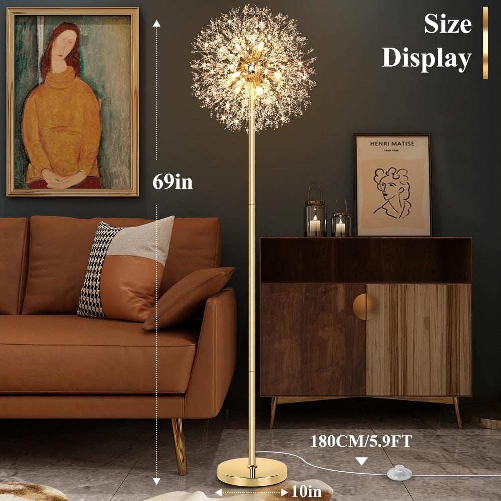 Crystal Floor Lamp Living Room 69 Inch Modern Standing Lamp, 738pcs K9 Crystals, 9 LED Bulbs, Antique Brass & Gold Finish