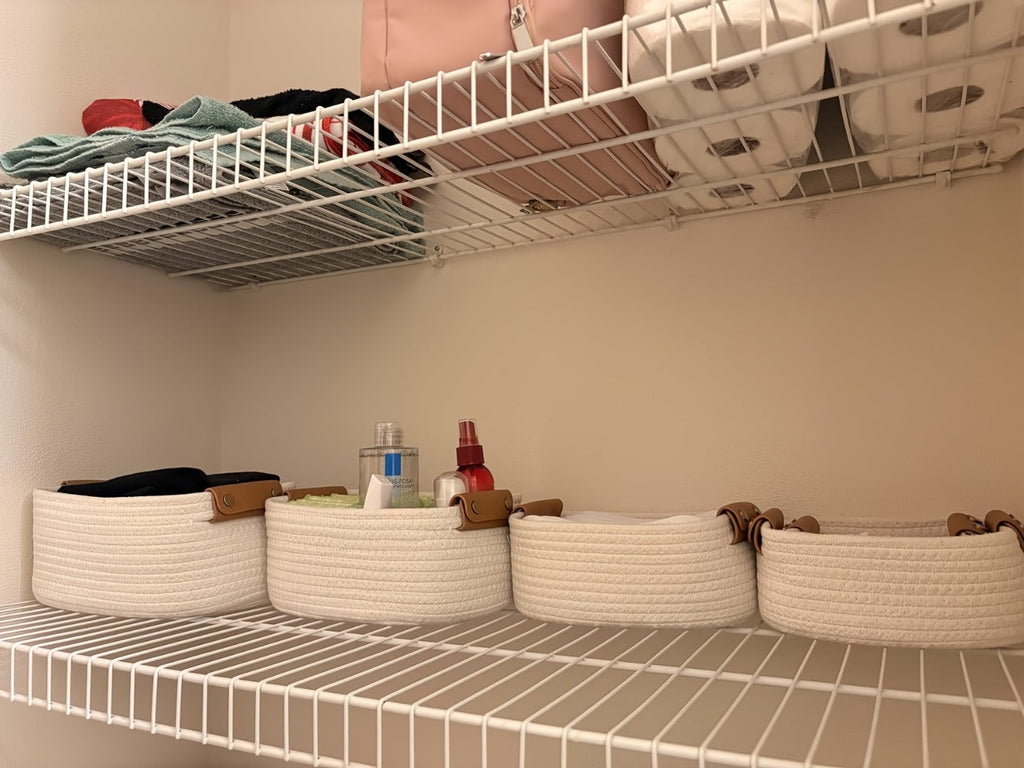 Cotton Rope Storage Baskets Set of 5 with Leather Handles in Four Color Options for Home Organization