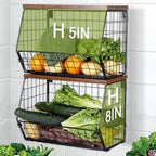 Wall-Mounted Fruit Basket with Wooden Cover - 2-Tier Metal Kitchen Storage Basket with Hooks, Stackable Hanging Organizer for Potatoes Onions Vegetables