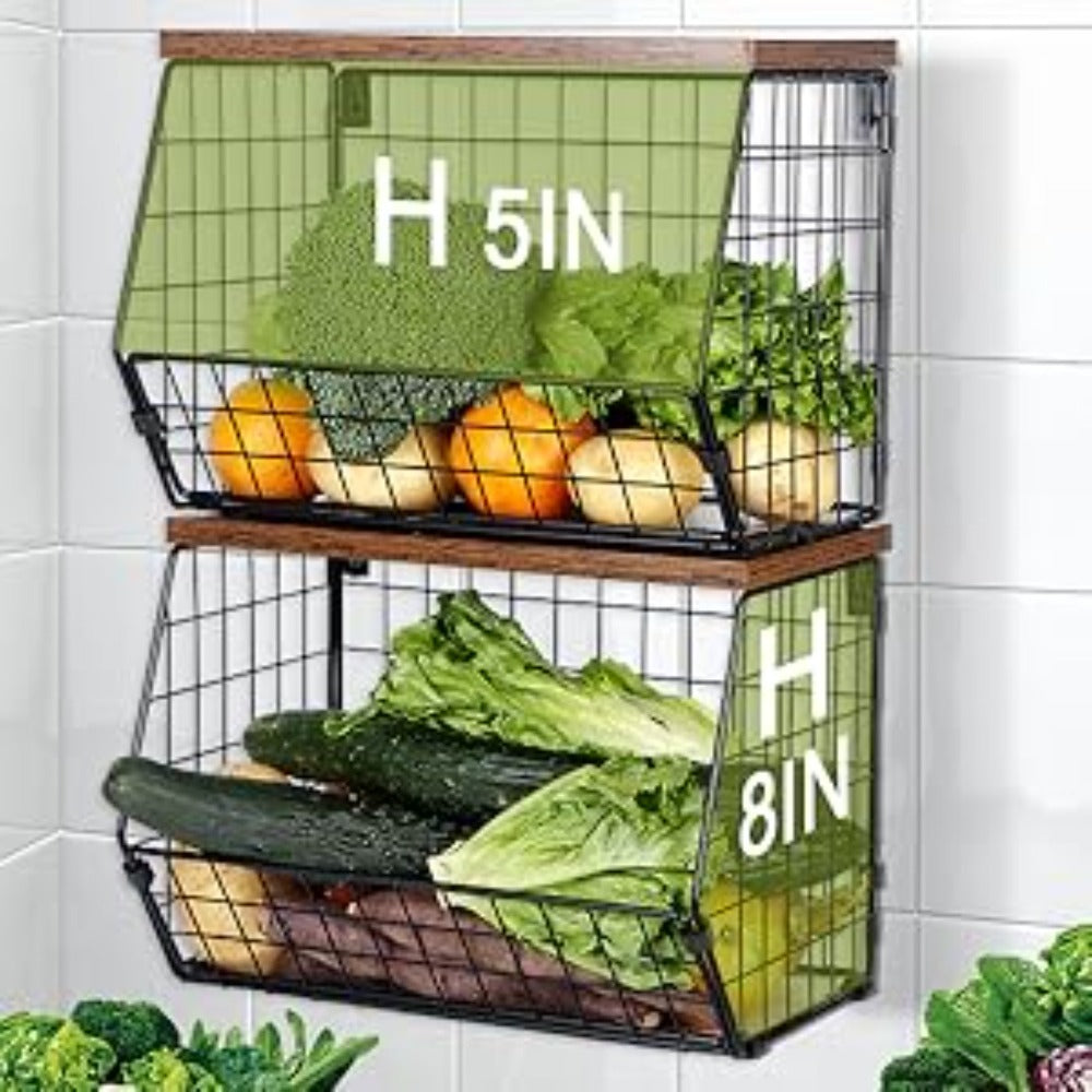Wall-Mounted Fruit Basket with Wooden Cover - 2-Tier Metal Kitchen Storage Basket with Hooks, Stackable Hanging Organizer for Potatoes Onions Vegetables