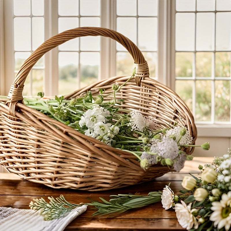 Seagrass Wicker Storage Basket with Handles, Handwoven Oval Farmhouse Organizer in Single-Piece Format