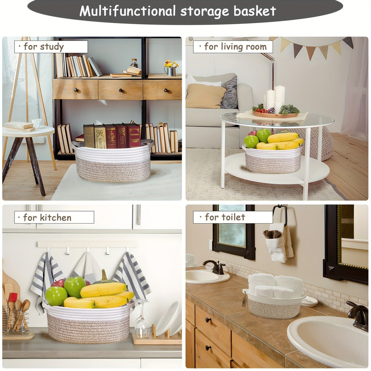 Cotton Rope Storage Baskets with Handles in 2- or 4-Pack Oval Color Options for Shelves and Rooms